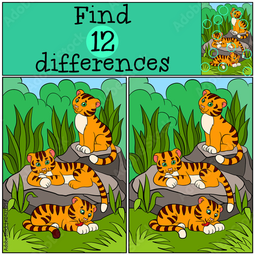 Fototapeta Naklejka Na Ścianę i Meble -  Children games: Find differences. Little cute tigers.