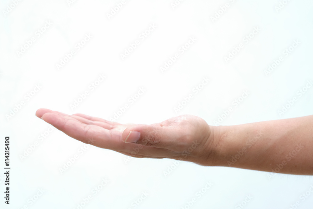 Open palm hand gesture of male hand. Isolated on a white background