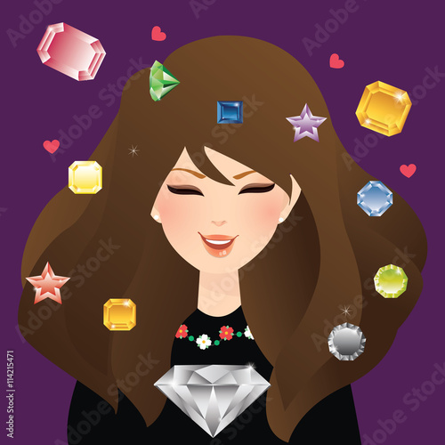 woman girl female smile with diamond crystal and gem stone flying around glamour jewels sapphire