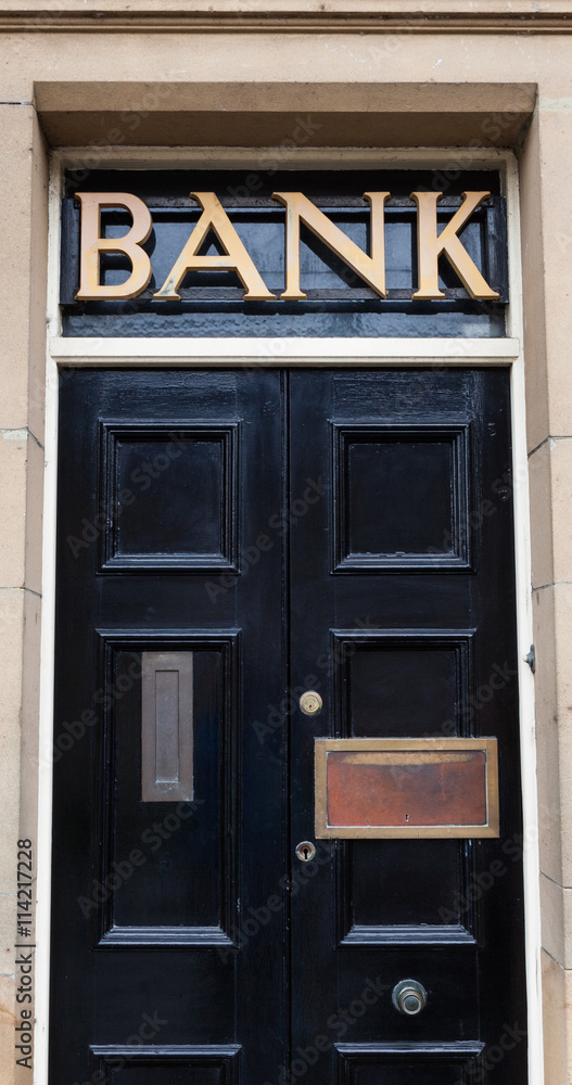 door with bank sign