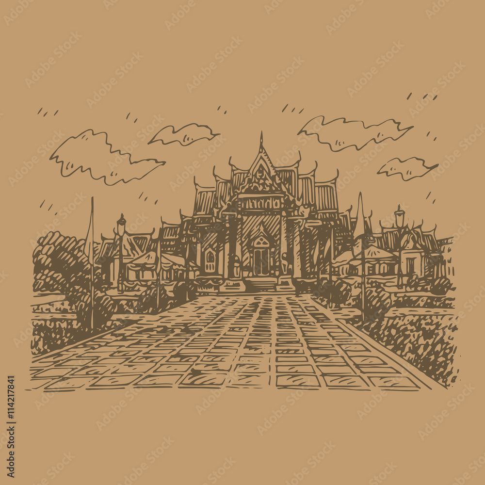 The Marble Temple (Wat Benchamabopit Dusitvanaram) in Bangkok, Thailand. Buddhist temple. Sketch by hand. Vector illustration