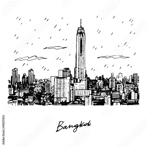 View of Baiyok Tower II building in Bangkok, Thailand. Sketch by hand. Vector illustration