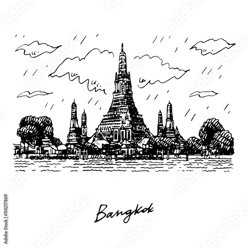 Wat Arun Temple in Bangkok, Thailand. Sketch by hand. Vector illustration