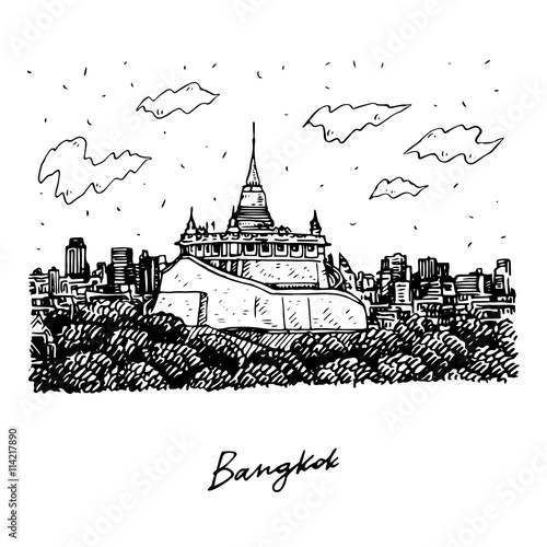 The Golden Mount at Wat Saket in Bangkok, Thailand. Sketch by hand. Vector illustration