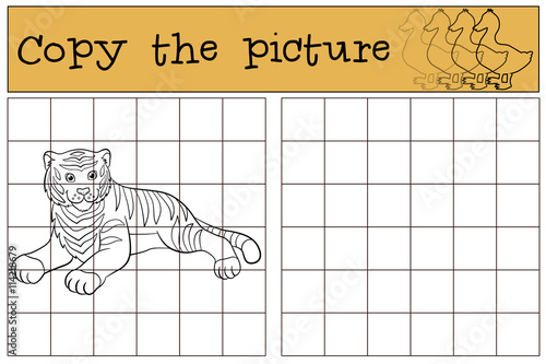 Fototapeta Naklejka Na Ścianę i Meble -  Children games: Copy the picture. Cute tiger smiles.