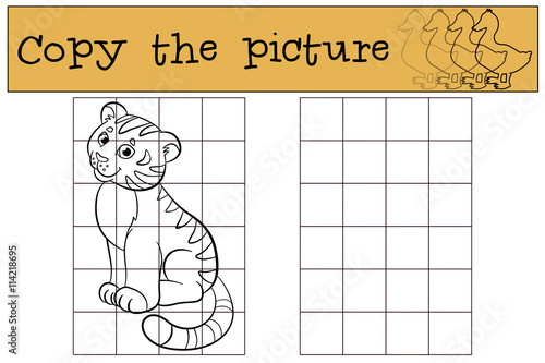 Fototapeta Naklejka Na Ścianę i Meble -  Children games: Copy the picture. Little cute baby tiger smiles.