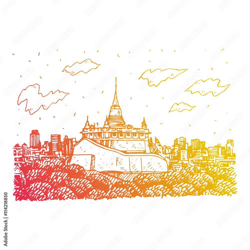 The Golden Mount at Wat Saket in Bangkok, Thailand. Sketch by hand. Vector illustration