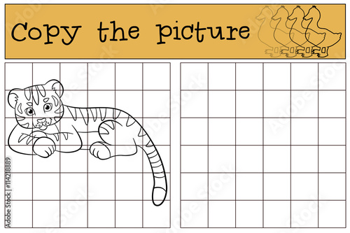 Fototapeta Naklejka Na Ścianę i Meble -  Children games: Copy the picture. Little cute baby tiger smiles.