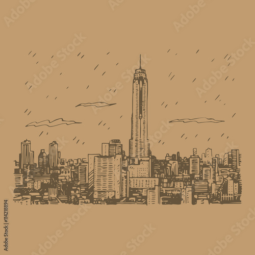 View of Baiyok Tower II building in Bangkok, Thailand. Sketch by hand. Vector illustration