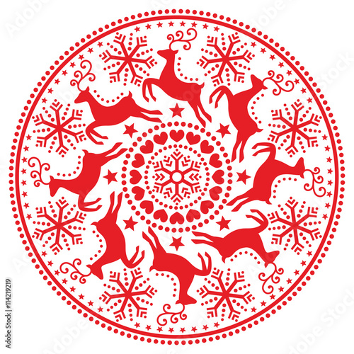 Christmas, winter round pattern with reindeer - folk art style