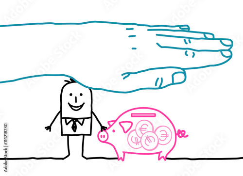 Big hand and cartoon businessman - bank insurance