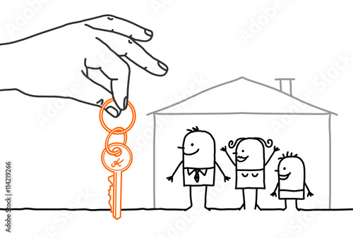 Big hand and cartoon characters - family with new home