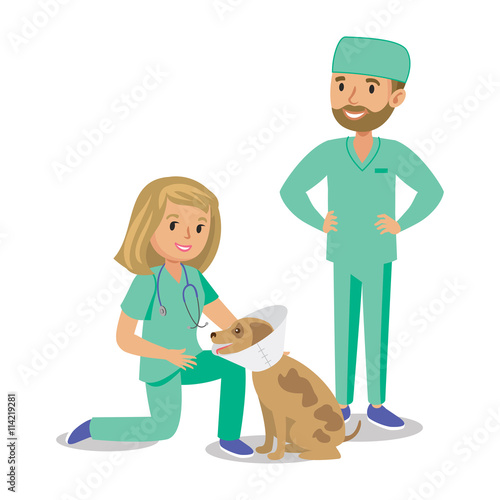 Two doctors with dog. Vet doctors. Cartoon veterinarians