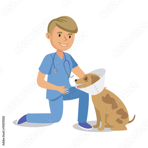Boy holding dog. Pet doctor. Cartoon veterinarian healing dog.