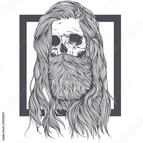 Bearded Skull Witch Long Hair. Vector Illustration