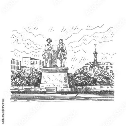 View of the Labor Square, Yekaterinburg, Russia. Saint Catherine's chapel and monument of Vasily Tatishchev and William de Gennin. Sketch by hand. Vector illustration