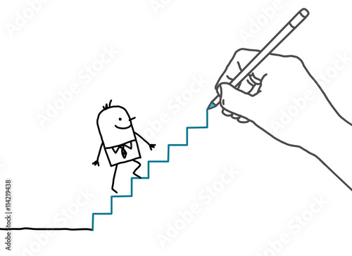 Drawing big hand and cartoon businessman - going up