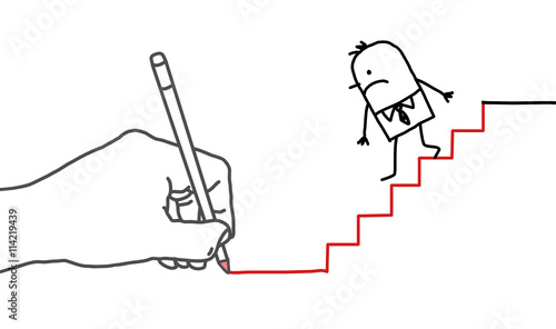 Drawing big hand and cartoon businessman - going down
