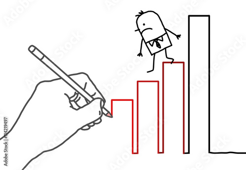 Drawing big hand and cartoon businessman - climbing down
