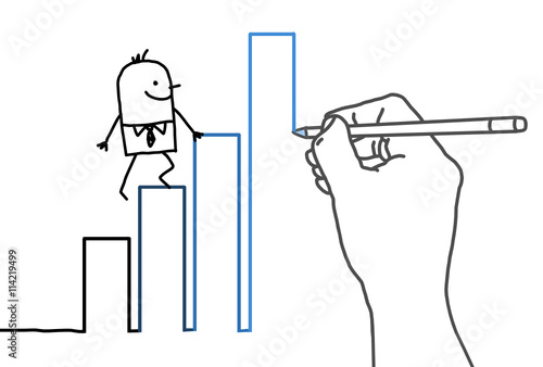 Drawing big hand and cartoon businessman - climbing up