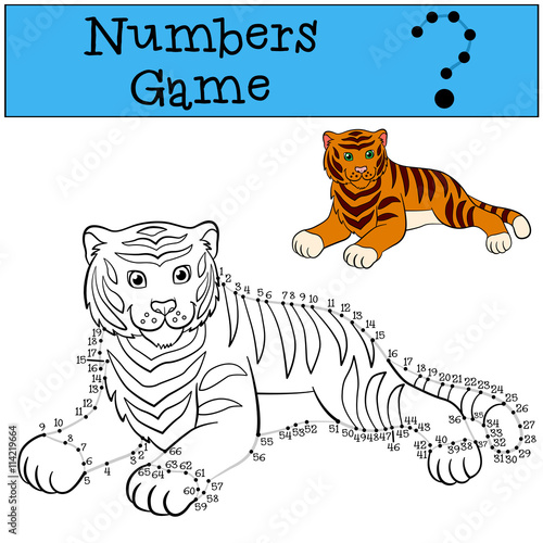 Fototapeta Naklejka Na Ścianę i Meble -  Educational games for kids: Numbers game with contour. Cute tiger
