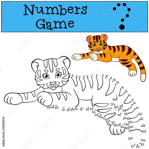 Fototapeta Naklejka Na Ścianę i Meble -  Educational games for kids: Numbers game. Little cute tiger smile