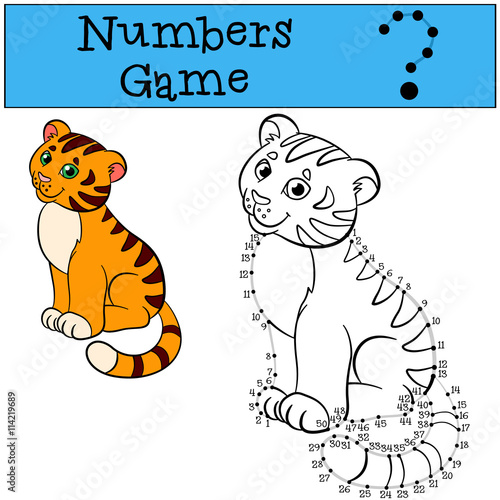 Fototapeta Naklejka Na Ścianę i Meble -  Education games for kids. Numbers game with contour. Little cute tiger.