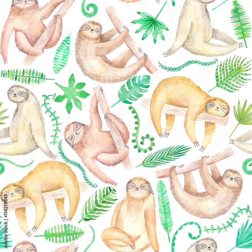 Watercolor hand drawn cute sloth seamless pattern - obrazy, fototapety, plakaty 