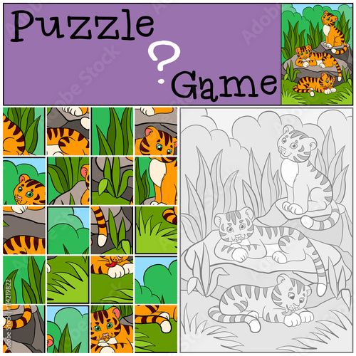 Fototapeta Naklejka Na Ścianę i Meble -  Education games for kids. Puzzle. Little cute tigers.