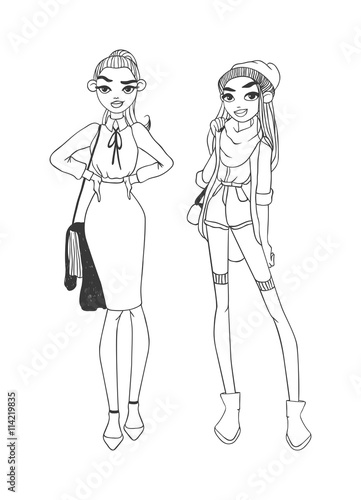 Funny crazy glamor fashion girl and stylish sexy fashion girl vector. Sketch smiling beautiful young woman model in bright hipster summer casual cloth. Fashion girl cute trendy teenage lifestyle.