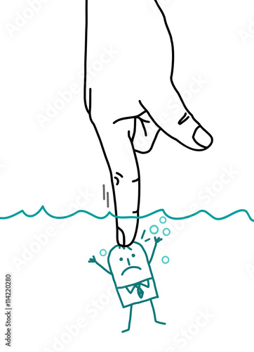 Big hand and cartoon businessman - pushing under water