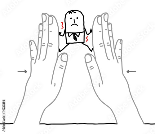 Big hands and cartoon businessman - under pressure