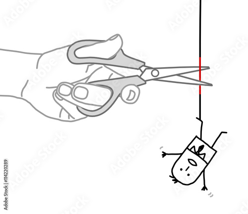Big hand and cartoon businessman - cutting the rope