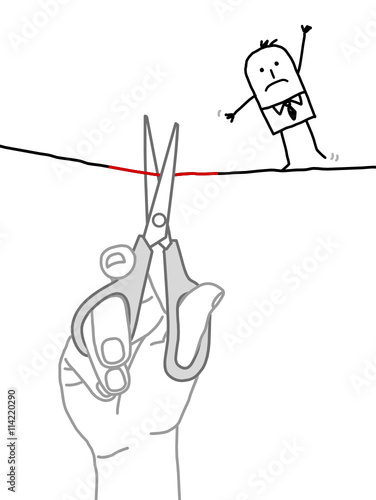 Big hand and cartoon businessman - cutting the wire