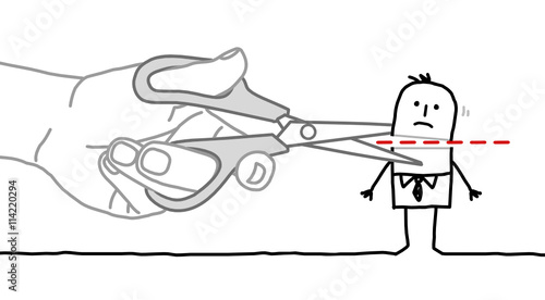 Big hand and cartoon businessman - cutting the head