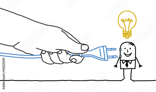 Big hand and cartoon businessman - plug in