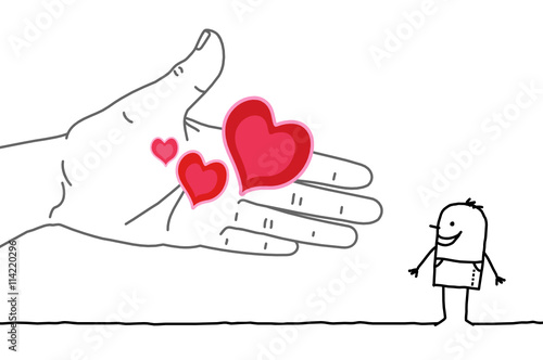 Big hand and cartoon character - offering hearts
