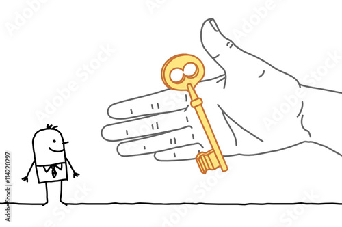 Big hand and  cartoon businessman - offering a key