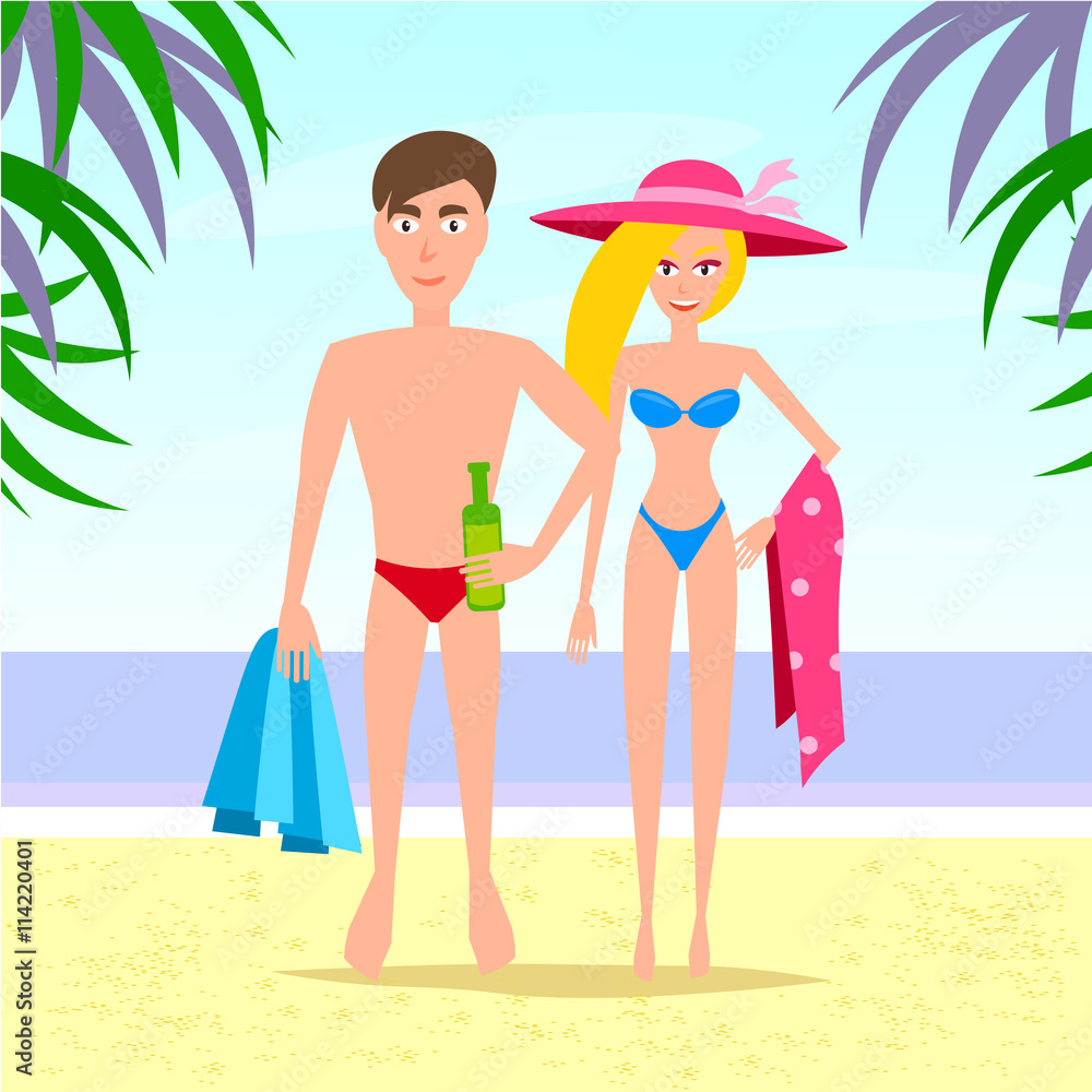 Man and Woman Relaxing On The Beach. Vector Couple Characters. Man and Woman Relaxing On The Beach. Vector Couple Characters.