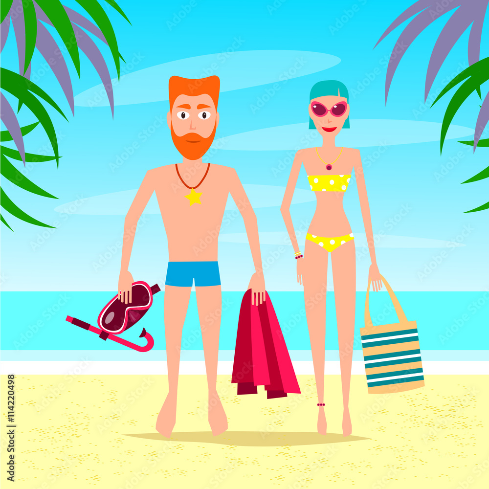 Man and Woman Relaxing On The Beach. Vector Couple Characters.