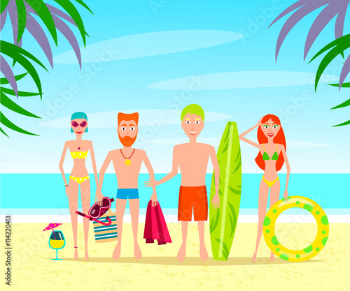 Group of People Relaxing On The Beach. Vector Characters.