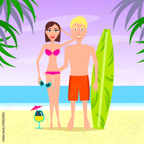 Man and Woman Relaxing On The Beach. Vector Couple Characters.
