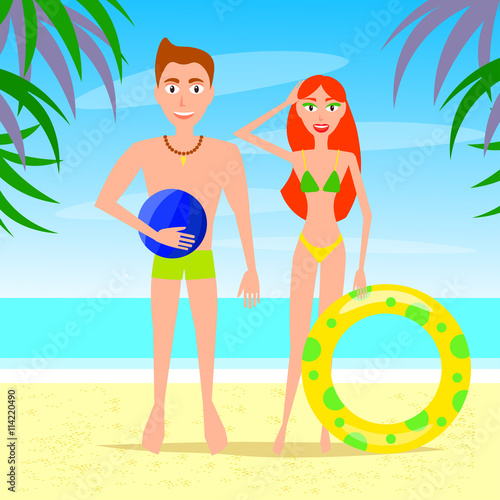 Man and Woman Relaxing On The Beach. Vector Couple Characters.
