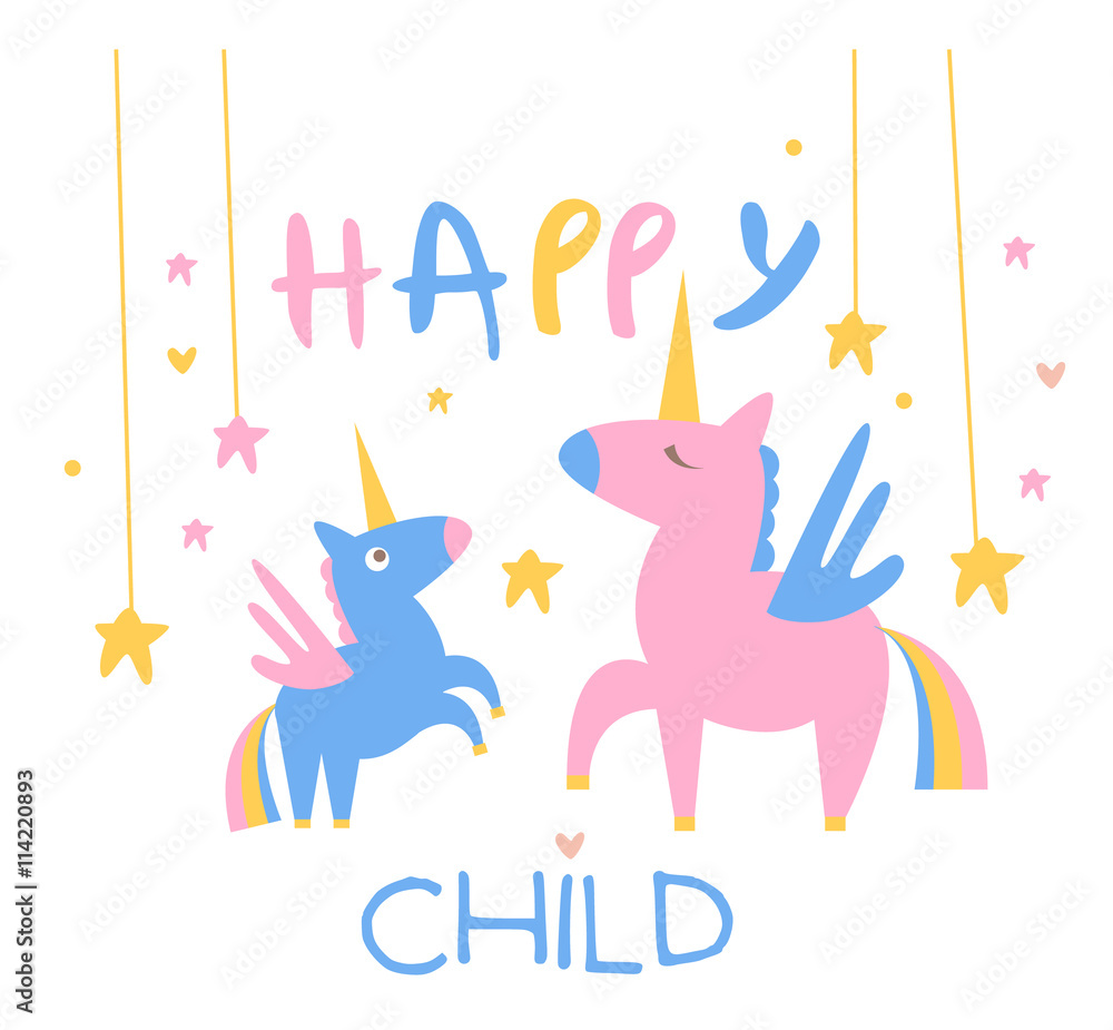Happy Child Backdrop Illustration With Unicorns Happy Child Backdrop Illustration With Unicorns