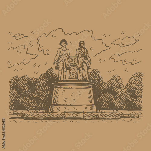 Monument of Vasily Tatishchev and William de Gennin located in the Square of Labor, Ekaterinburg, Russia. Symbol of the city. Sketch by hand. Vector illustration