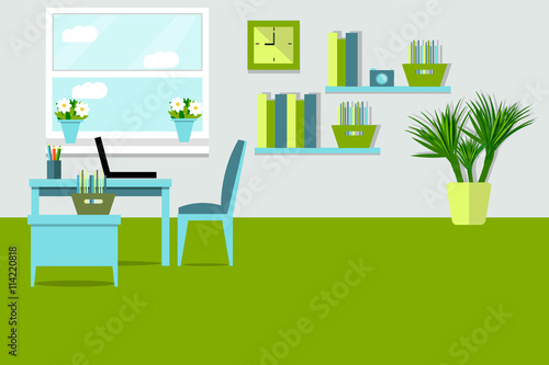 Fototapeta Naklejka Na Ścianę i Meble -  Working place in the office. The interior of the office. Flat style. Home office. Comfortable interior for the workplace vector illustration