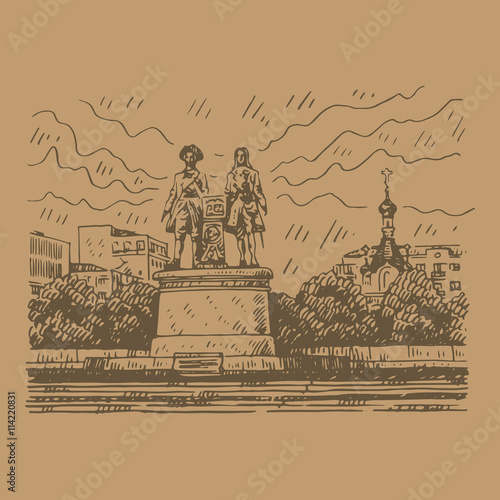 View of the Labor Square, Yekaterinburg, Russia. Saint Catherine's chapel and monument of Vasily Tatishchev and William de Gennin. Sketch by hand. Vector illustration photo