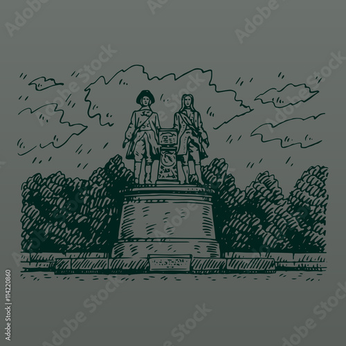 Monument of Vasily Tatishchev and William de Gennin located in the Square of Labor, Ekaterinburg, Russia. Symbol of the city. Sketch by hand. Vector illustration photo