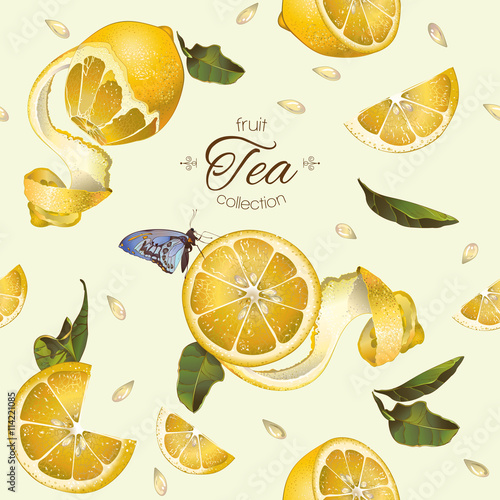 Vector fruit tea seamless pattern with lemon and butterfly.Background design for juice, tea, cosmetics, grocery ,health care products.Best for fabric, textile, wrapping paper.