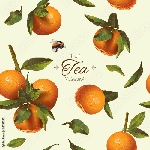 Vector citrus tea seamless pattern with orange and mandarin.Background design for tea, juice,cosmetics, baking, candy and sweets with citrus filling, jam, grocery.Best for print,